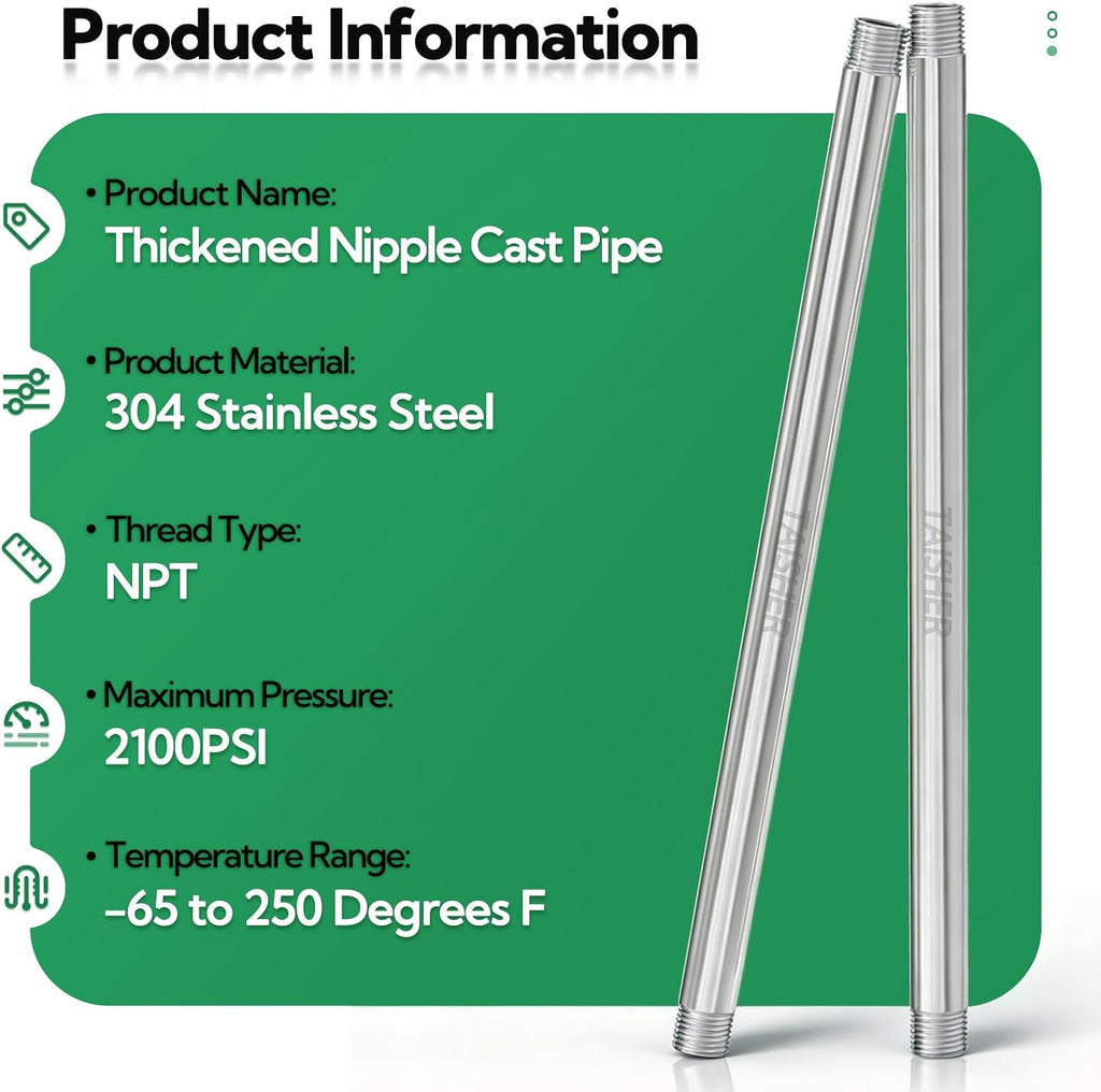 TAISHER 2Pcs Thickened Nipple Cast Pipe 1/2" NPT Male, 12" Length