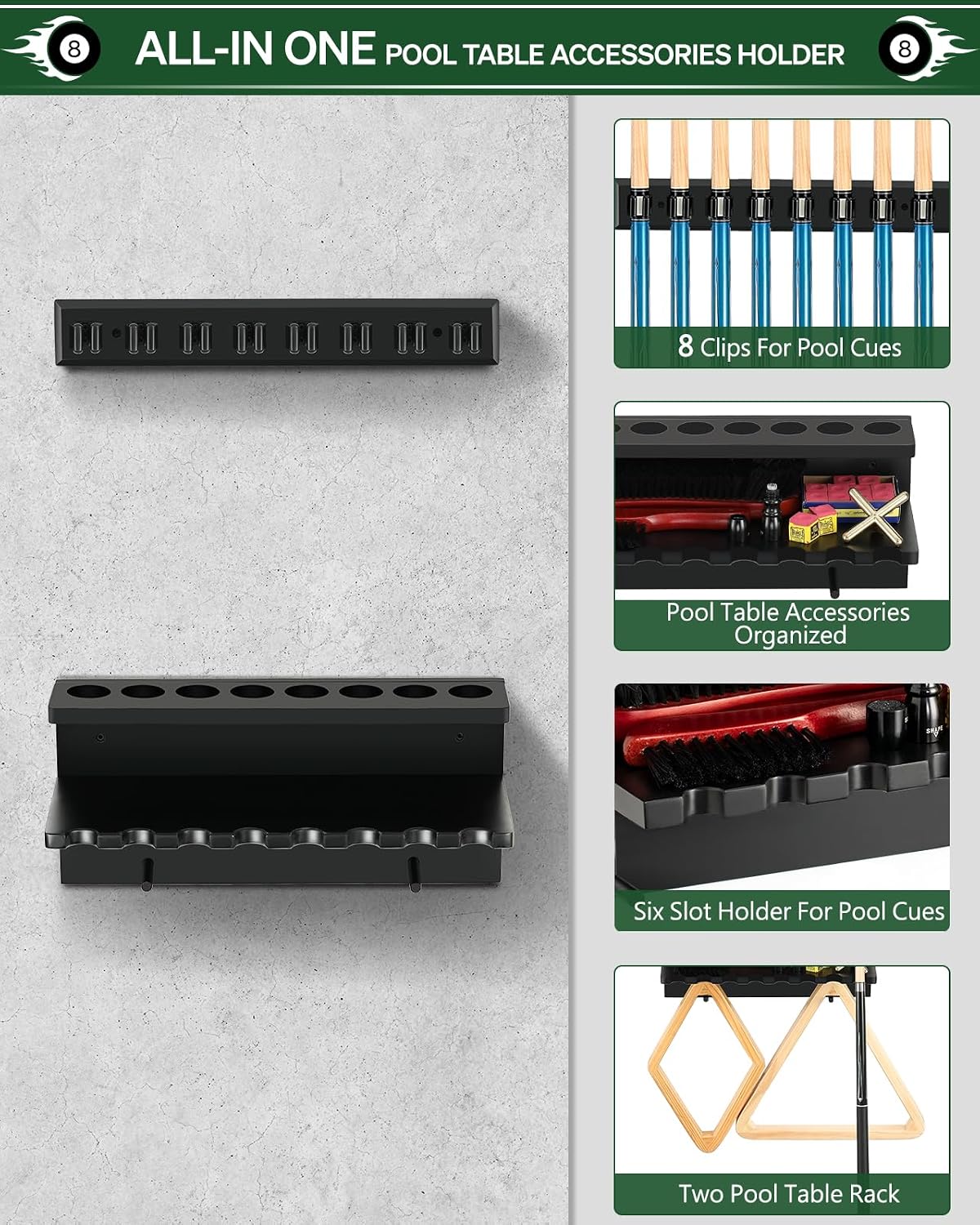 Wall Mount Pool Stick Holder - Billiards Pool Cue Rack, 8-Cue Black | Hardwood Pool Cue Set Holder for Sticks