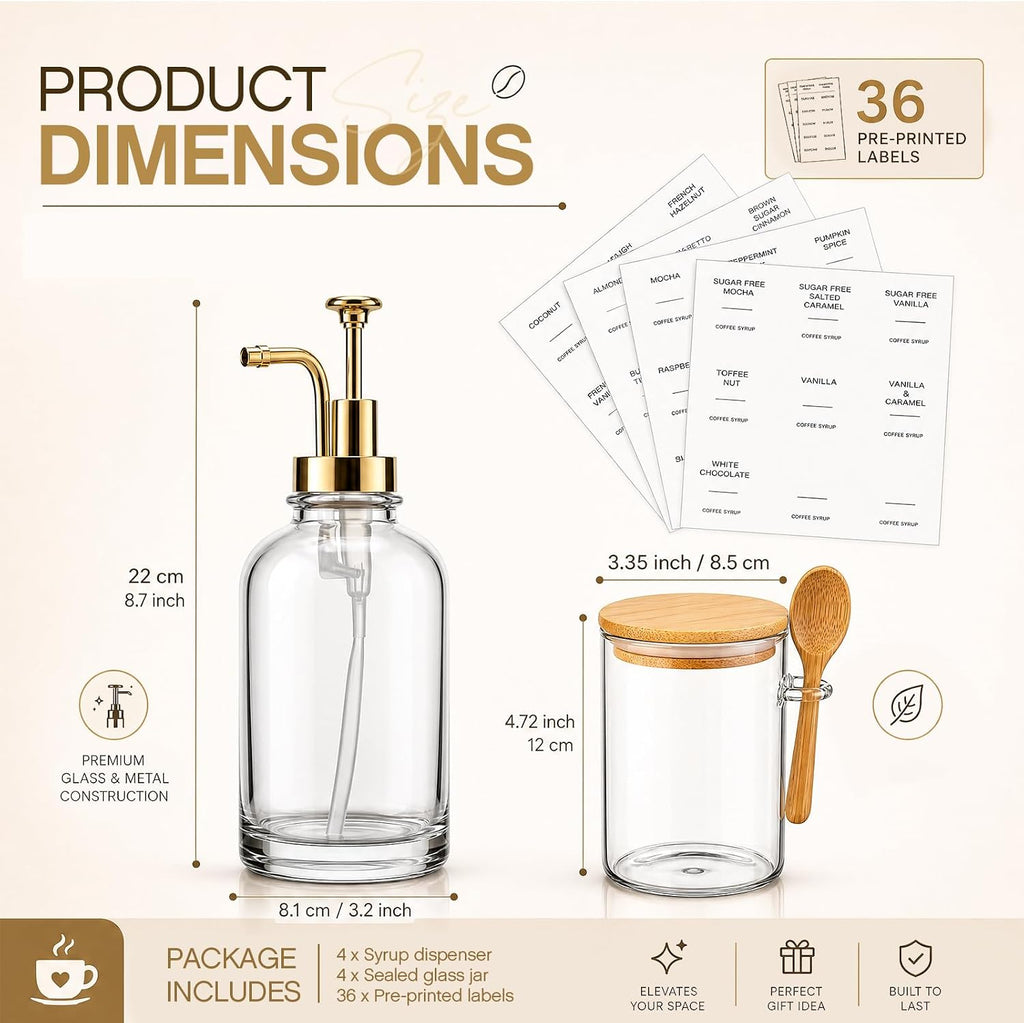 8 Pcs Syrup Dispenser and Glass Jar, Gold Pump Bamboo Lid