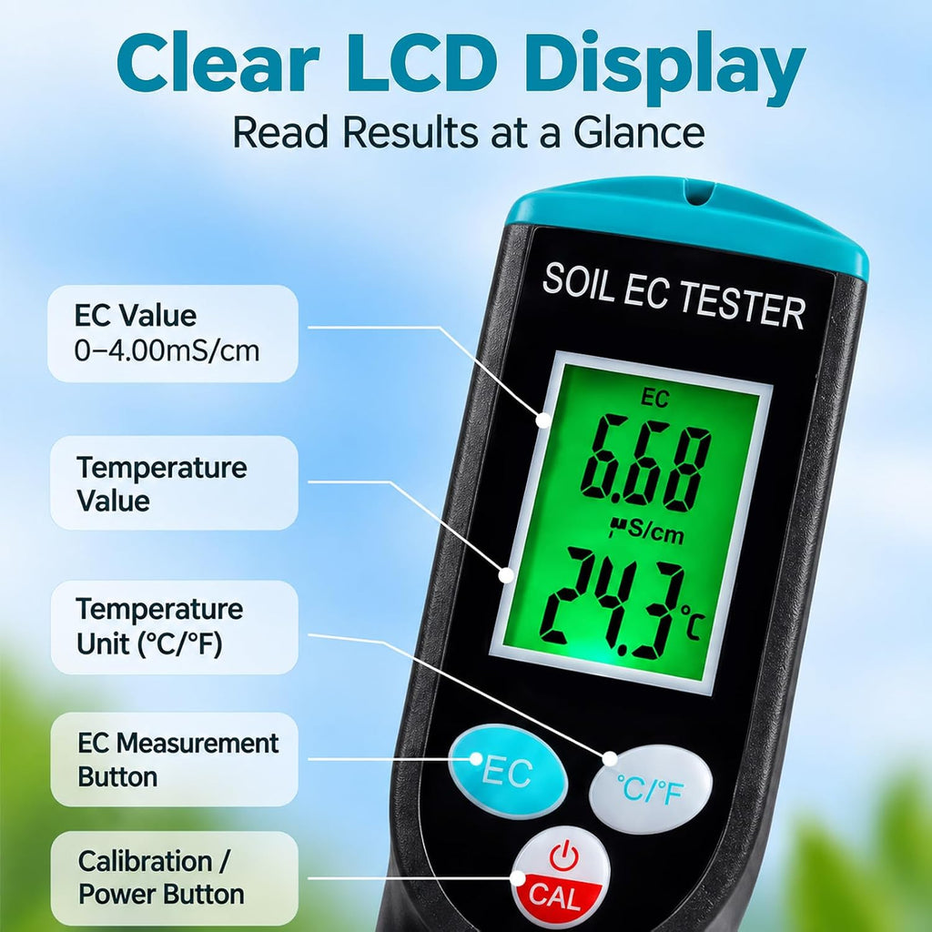 Digital Soil EC Meter 2-in-1 Porfessional Plants EC Temperature Tester Meter with Corded Sensor, Backlight LCD