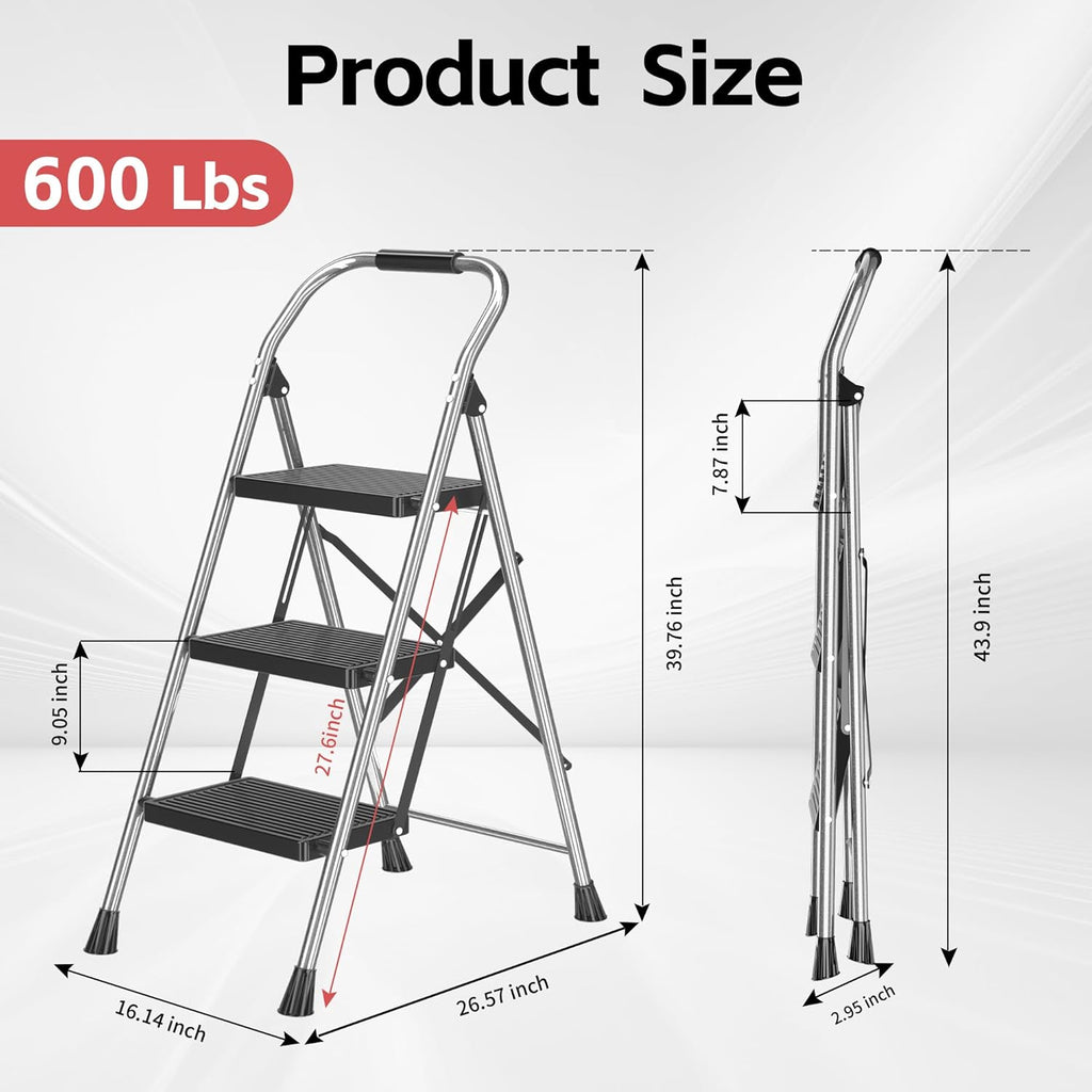 3 Step Ladder Foldable Folding Stool - for Home Adults Kitchen, Iron, Black, Extension Tall Heavy Duty with Handrails