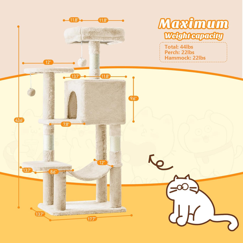44 Inch Cat Tree Tower, Cat Climbing Tower with Natural Sisal Scratching Posts, Hammock, Pet Condo for Indoor Cats