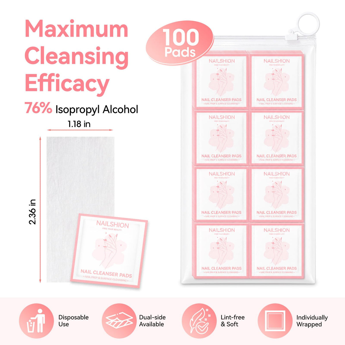 Nail Prep Cleanser Pads, 100PCS Individually Wrapped & Lint-free