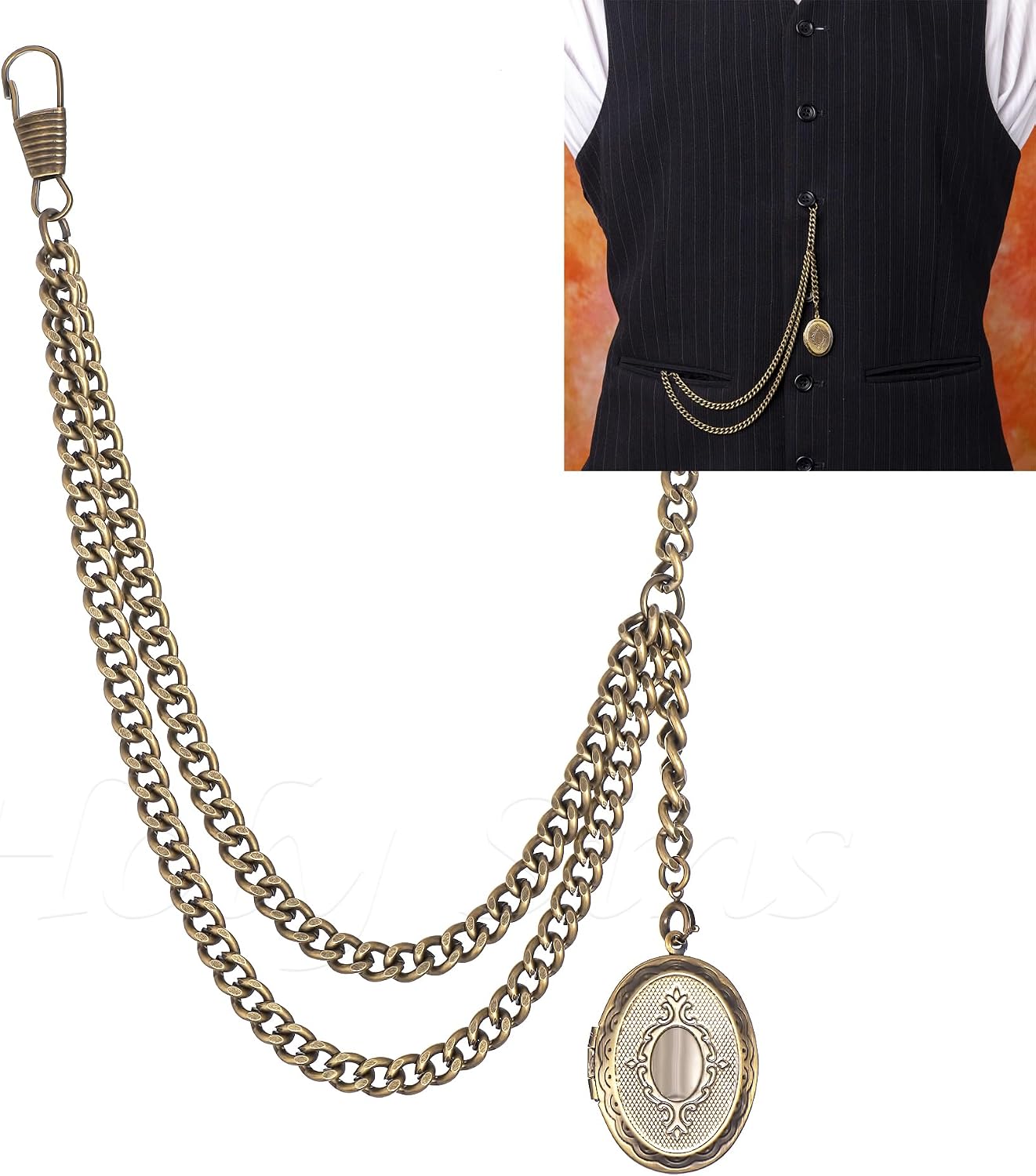 Antique Bronze Pocket Watch Chain with Locket Pendant