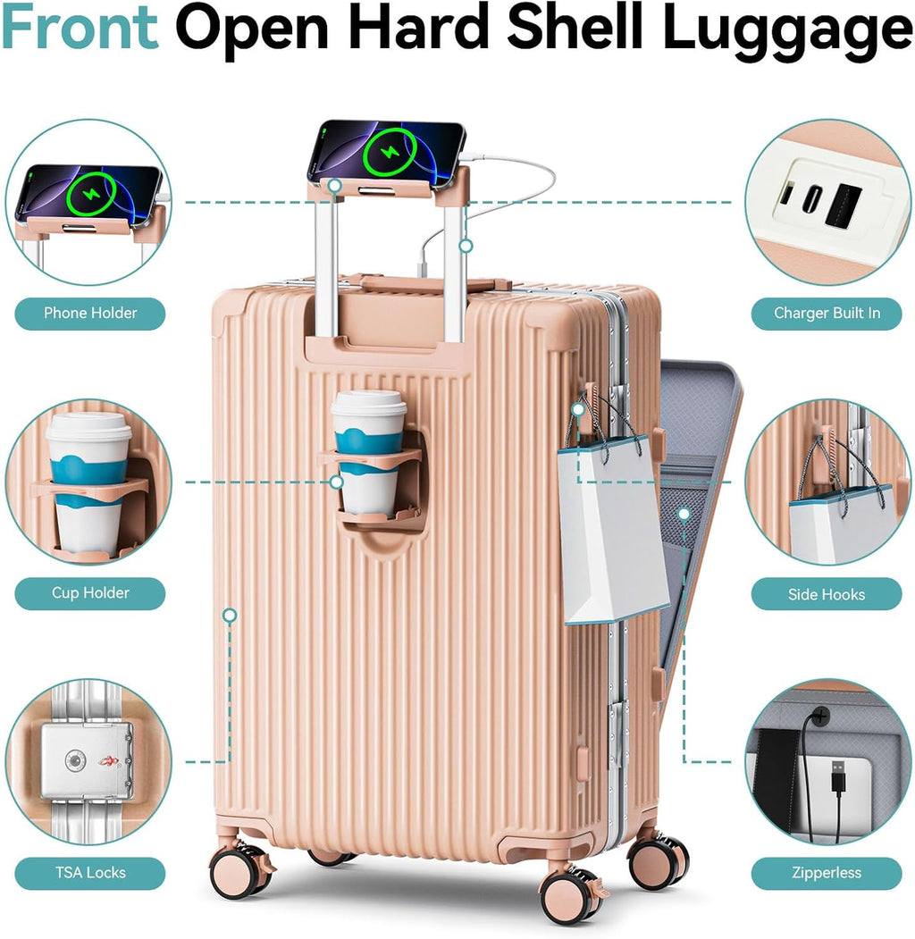 20 Inch Carry On Luggage with Front Pocket, Aluminum Frame Hardside Carry On Suitcase Airline Approved, Zipperless
