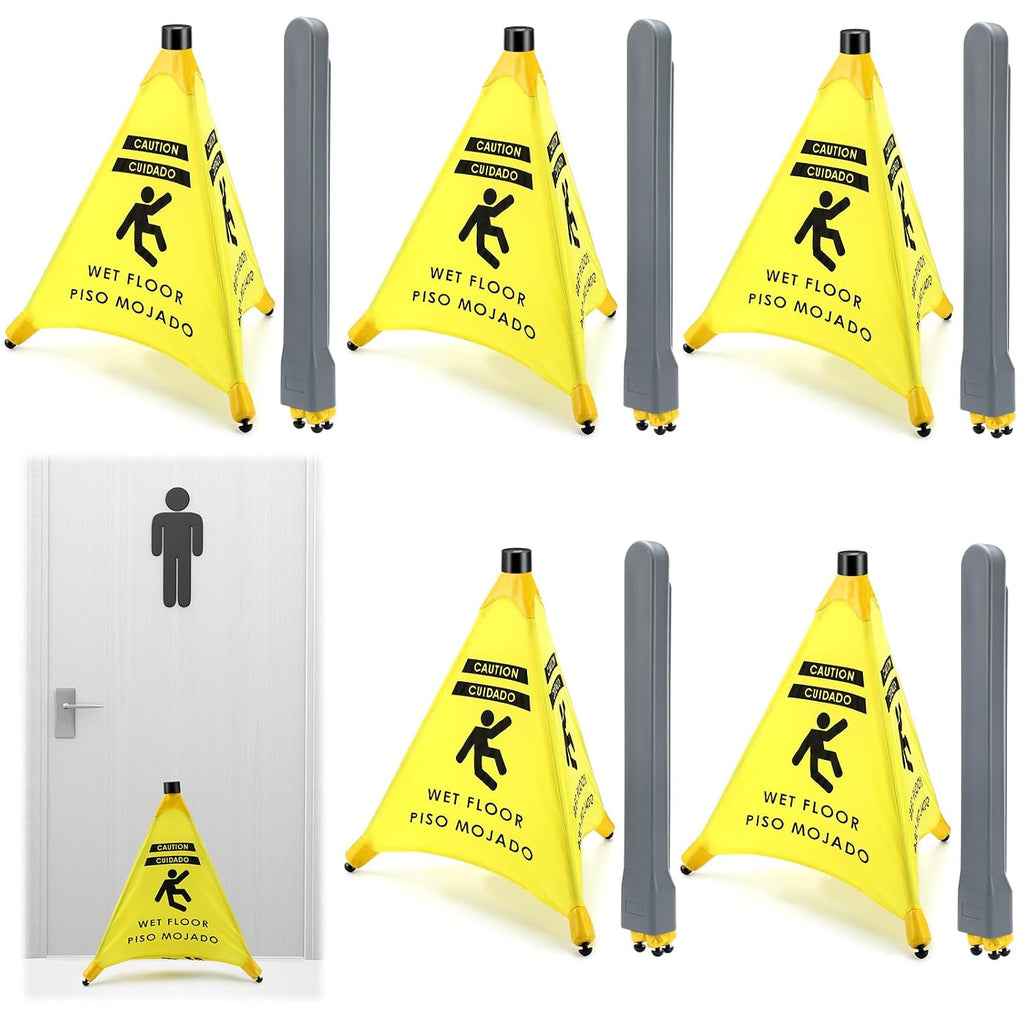 6 Pcs 19.5 Inch Wet Floor Sign Pop-up Safety Cone with Storage Tube Wet Floor Symbol Yellow Warning Sign for Retail