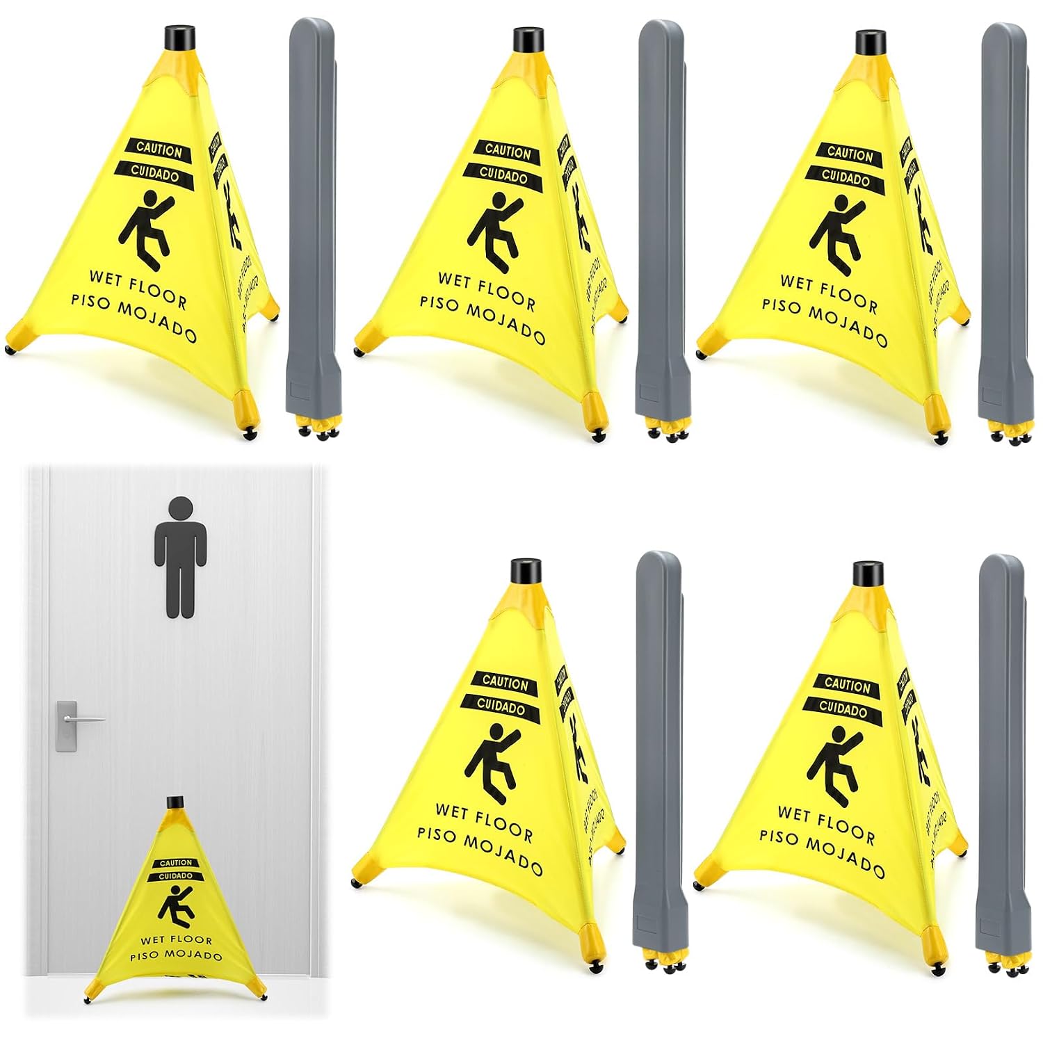 6 Pcs 19.5 Inch Wet Floor Sign Pop-up Safety Cone with Storage Tube Wet Floor Symbol Yellow Warning Sign for Retail