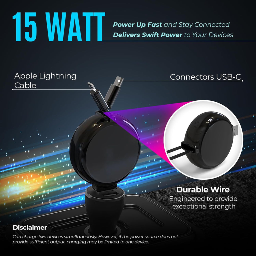 2-in-1 Retractable Charger for Car iPhone and Android, Wall Outlet or PC | Modern Car Charger Retractable Cord | 15W