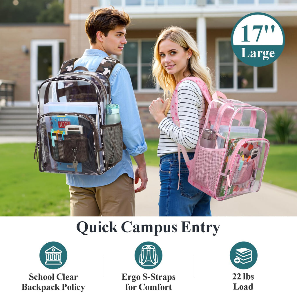 Clear Backpack - 17 inch Camouflage Patterned School Bookbag, Brown