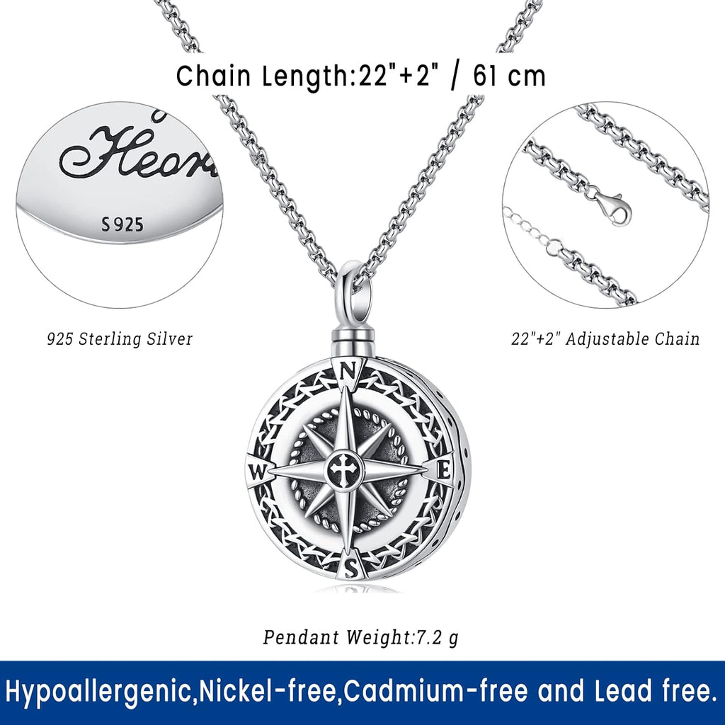 Compass Necklace for Women Men 925 Sterling Silver Pendant Urn Necklaces for Ashes Picture Locket Necklace Anchor