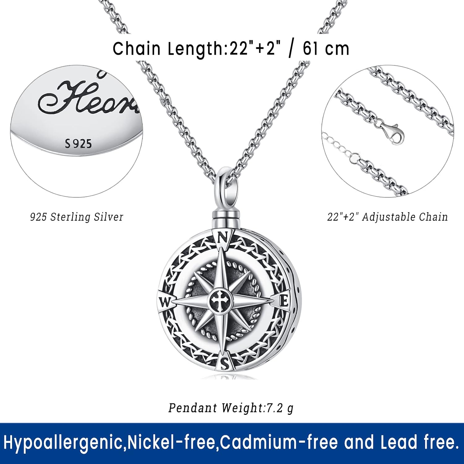 Compass Necklace for Women Men 925 Sterling Silver Pendant Urn Necklaces for Ashes Picture Locket Necklace Anchor