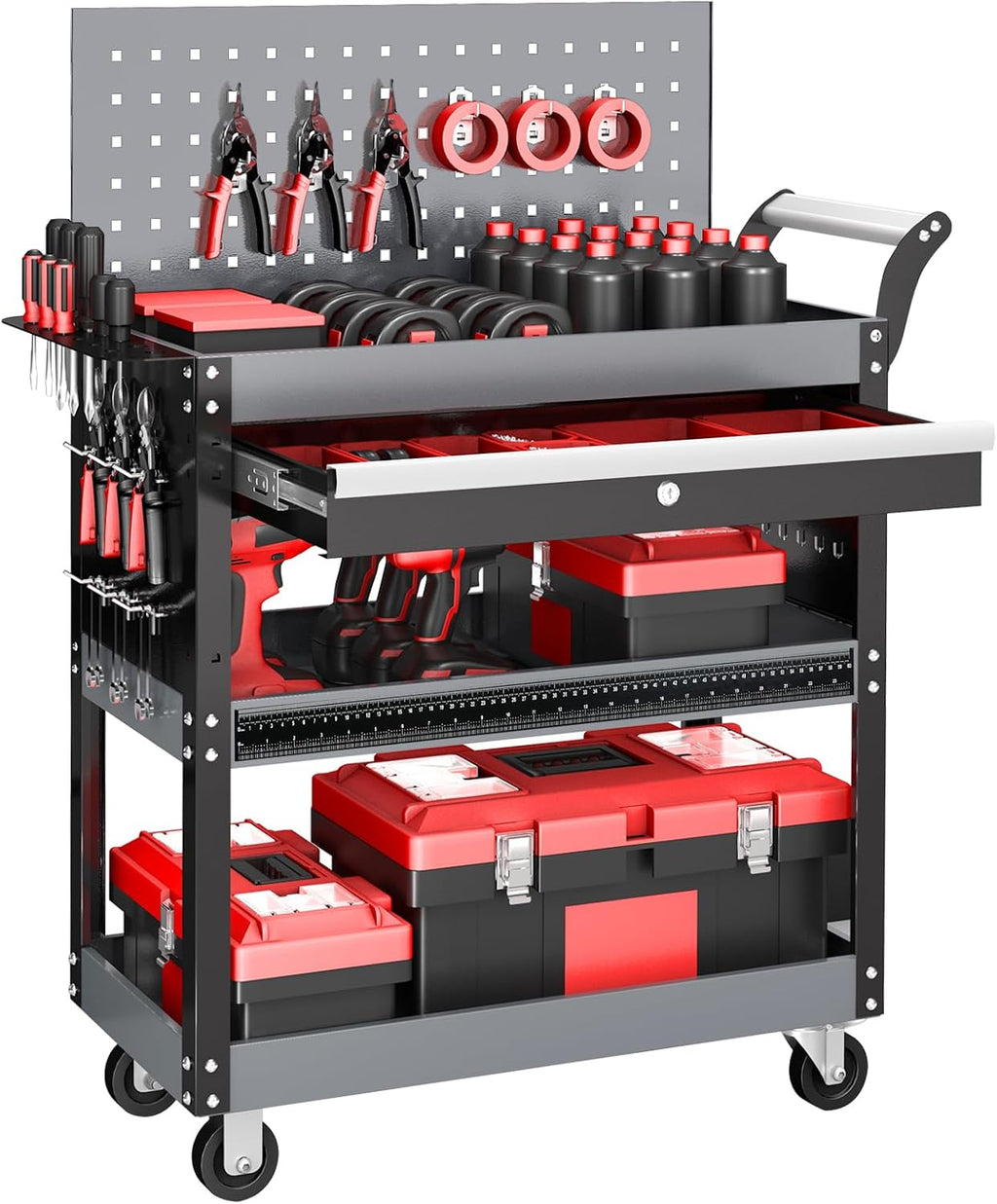 3 Tier Rolling Tool Cart On Wheels, Mechanic Tool Cart,Industrial Utility Cart with Drawers & Pegboard,440 LBS Heavy