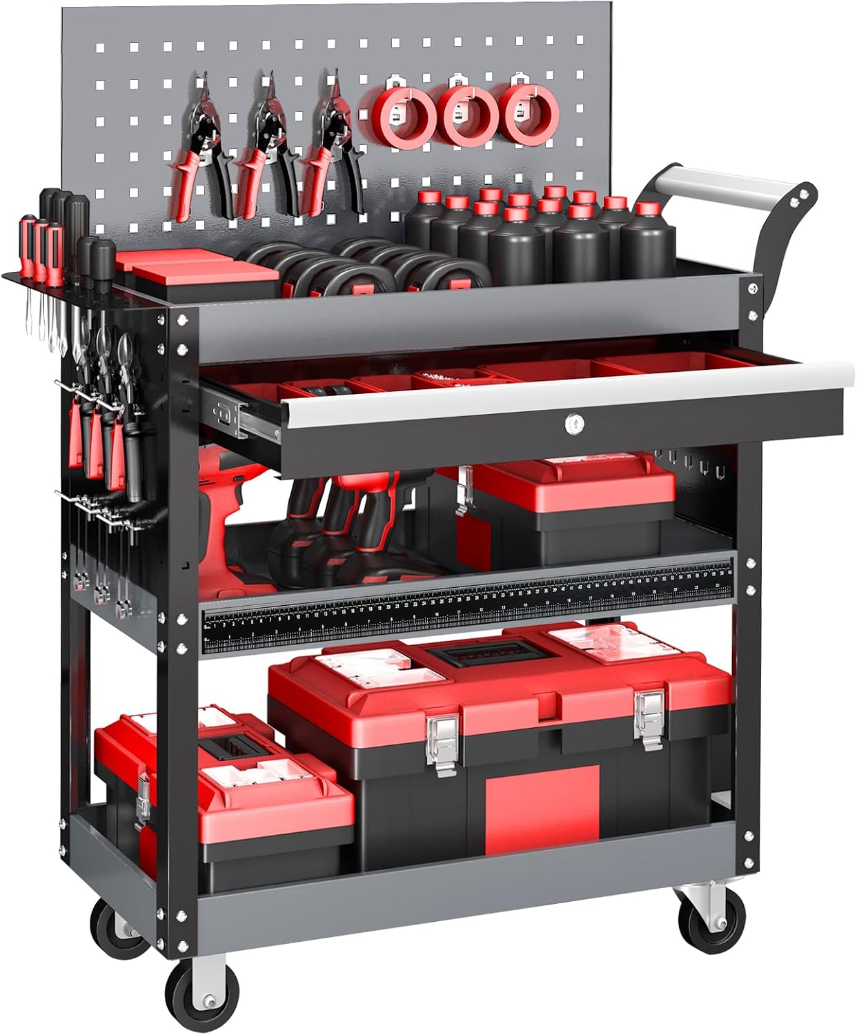 3 Tier Rolling Tool Cart On Wheels, Mechanic Tool Cart,Industrial Utility Cart with Drawers & Pegboard,440 LBS Heavy