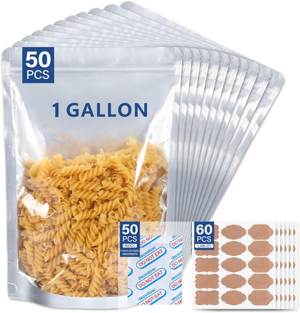 Mylar Bags for Food Storage, Heat Sealable with Oxygen Absorbers 1 Gallon | 50 Pack Reusable Mylar Bags With 400Cc