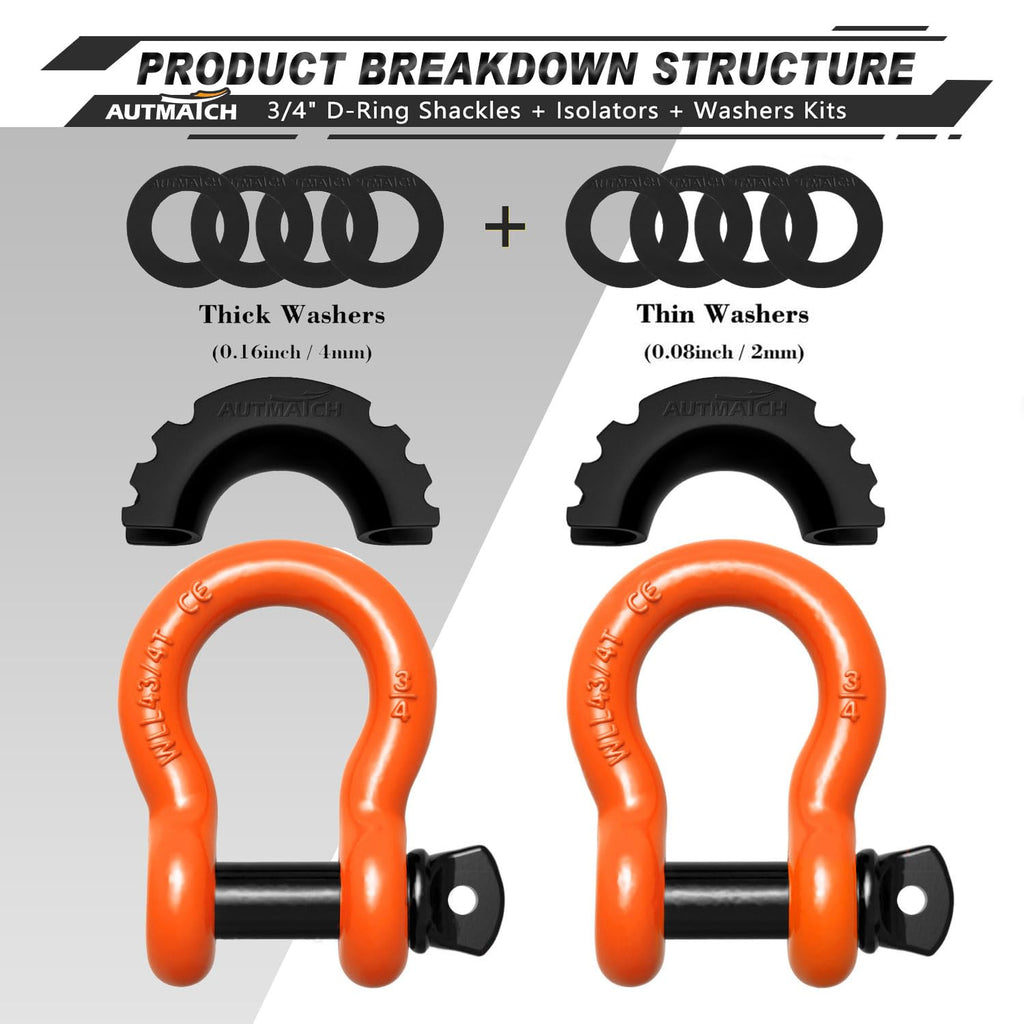 3/4" D Ring Shackles (2-Pack) - 41,887 lbs Break Strength