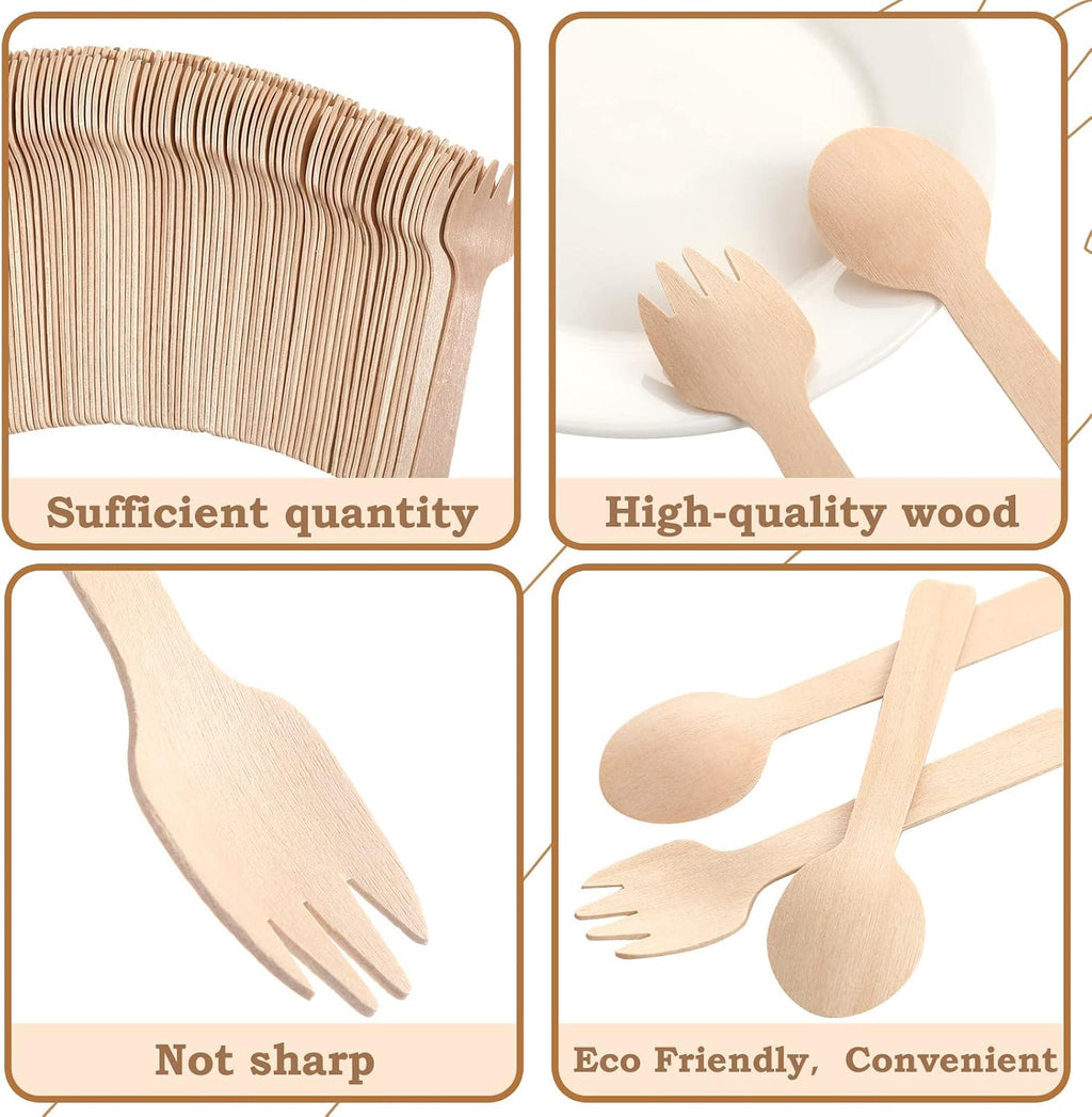 200 Count 4 Inch Spoons and Forks Mini Disposable Wooden Cutlery Set