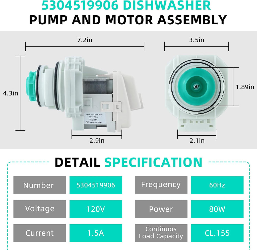 UPGRADE 5304519906 blp11-2 Dishwasher Pump and Motor Assembly Replacement fit for Fri-gidaire Ik-ea White-Westinghouse Water Drain Circulation Pump Replaces A11951402, AP6840161 By Fetechmate