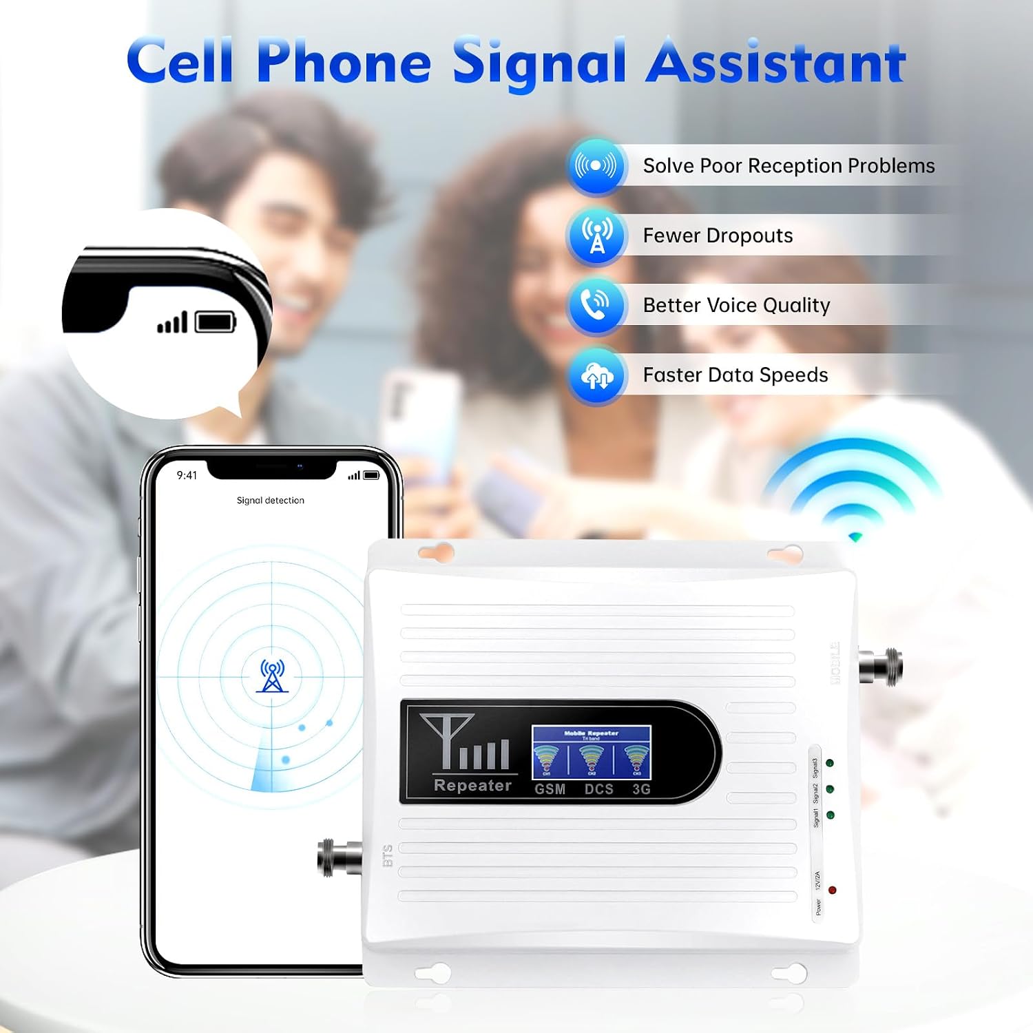 Cell Phone Signal Booster, GSM DCS WCDMA 900/1800/2100MHz Band Signal Amplifier Kit with Indoor Outdoor Antenna