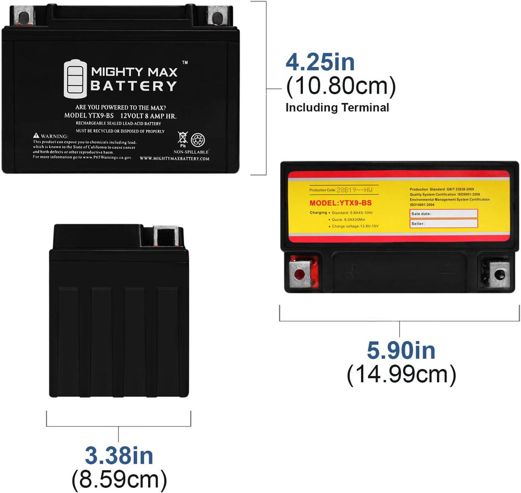 Mighty Max Battery YTX9-BS Replacement for Suzuki GSXR 600 750 750 Katana RF900 S ZS/ GTX9