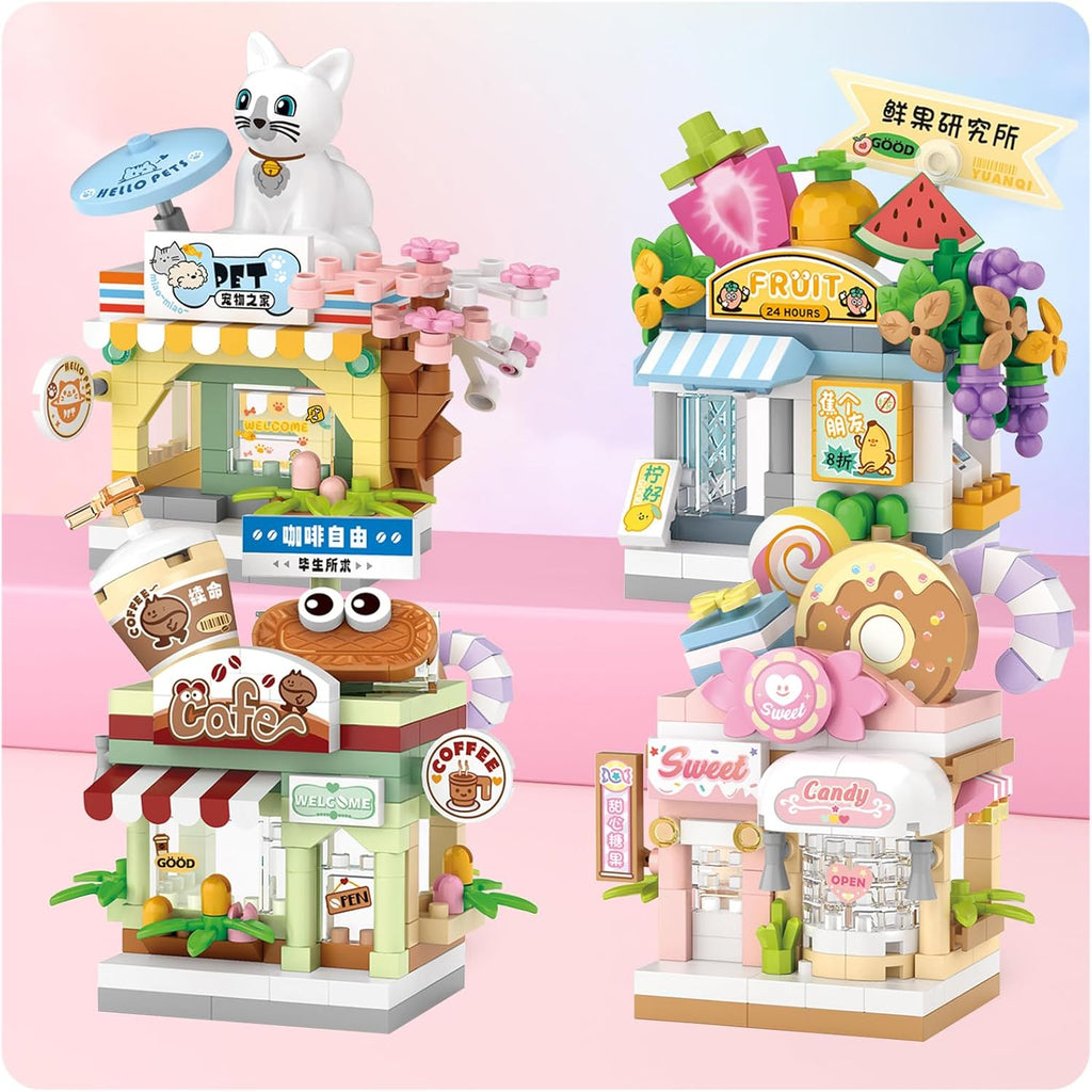 4 PCS Mini City Shop Street View Building Blocks Set,Simulation Architecture Collection Particle Construction