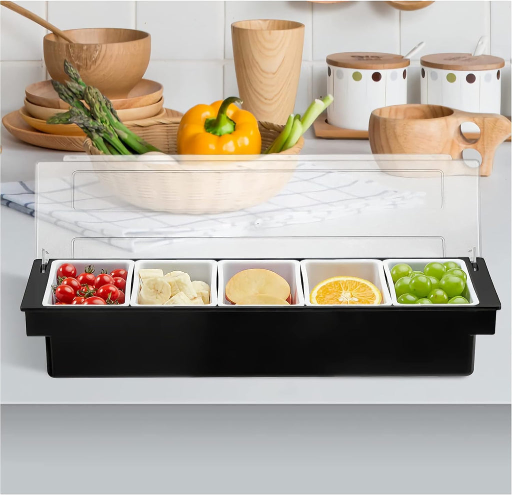 Ice Chilled Condiment Caddy Serving Container with Lid,5 Compartments