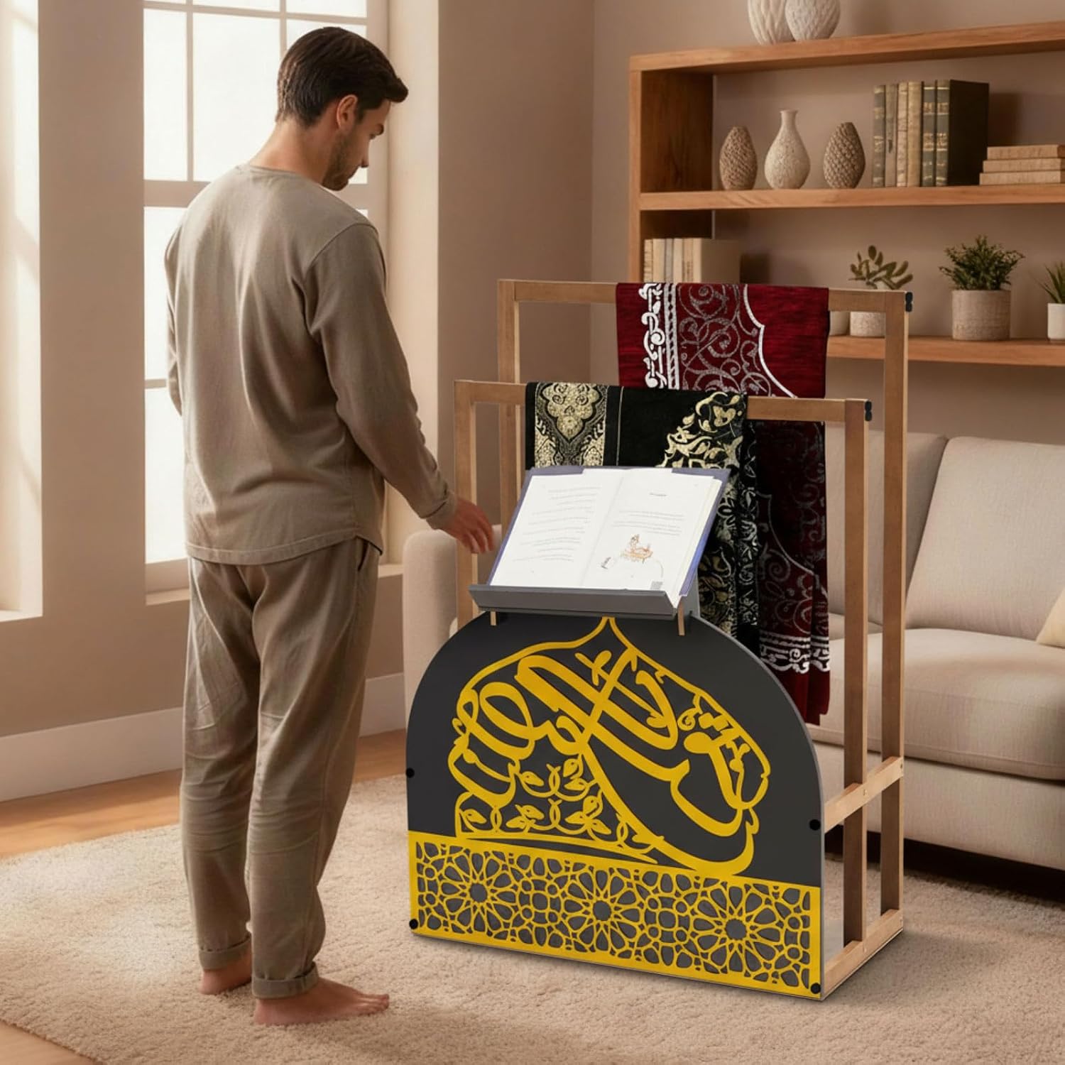 Wooden Quran Stand and Prayer Mat Holder with Arabic Calligraphy, Black Gold Islamic Home Decor for Room, Quran Book
