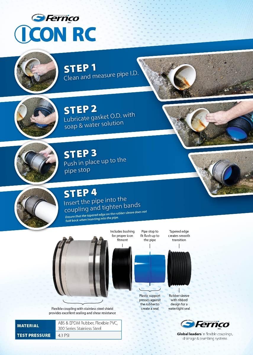 Fernco 4" ICON RC Pushfit DWV Coupling Sheared Off Pipe Connector with Shielded Coupler, Plastic, Cast Iron and Copper