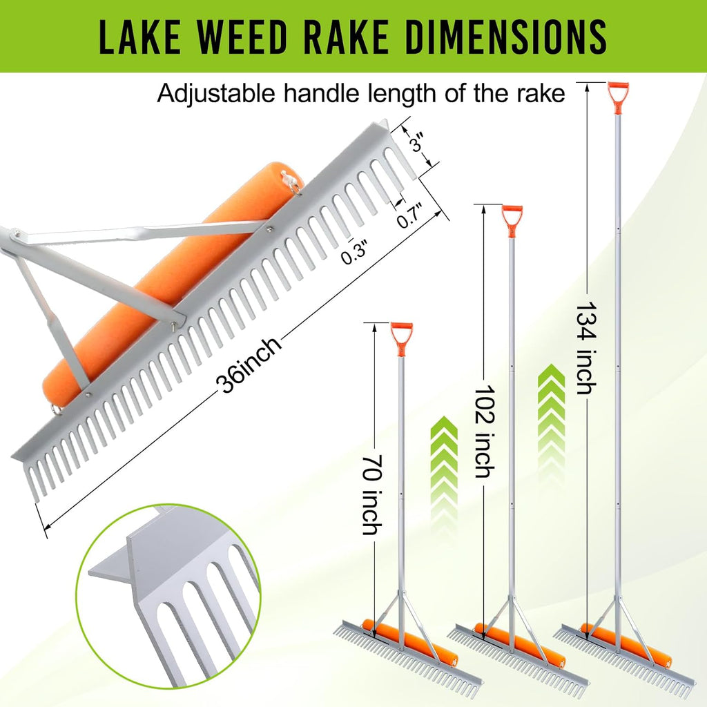 Floating Weed Lake Rake, 36 Inch Widths Pond Rake Aquatic Weed Rake, 133 Inch Extensible Multifunctional Folding