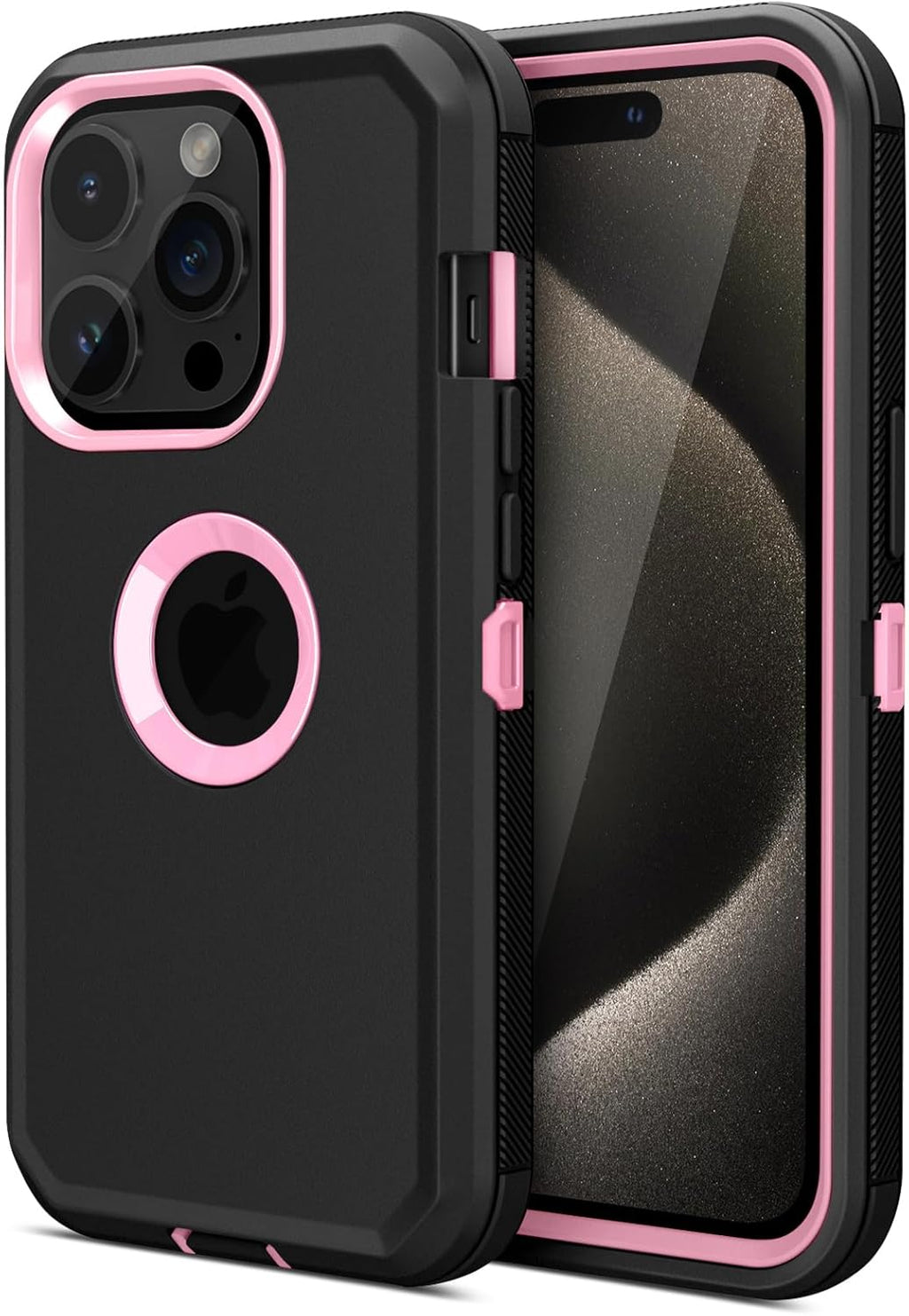 for iPhone 15 Pro Max Case Heavy Duty Drop Protection Black Pink | Drop Protection Screenless Dual Layer Shockproof
