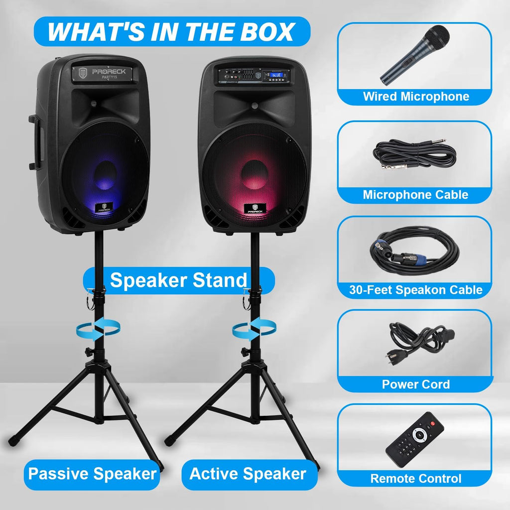 Party 15 Portable 15-Inch 2000 Watt 2-Way Powered PA Speaker System Combo Set with Bluetooth/USB/SD Card/FM/Remote