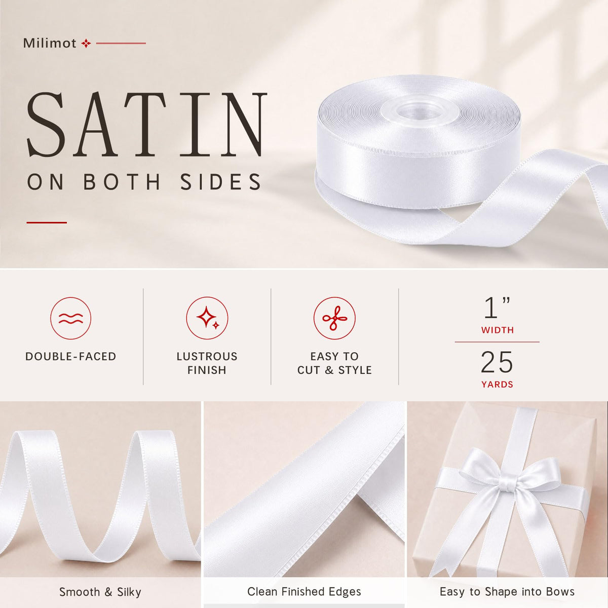 1 Inch Double Faced White Ribbon,Satin Ribbon Continuous 25 Yards