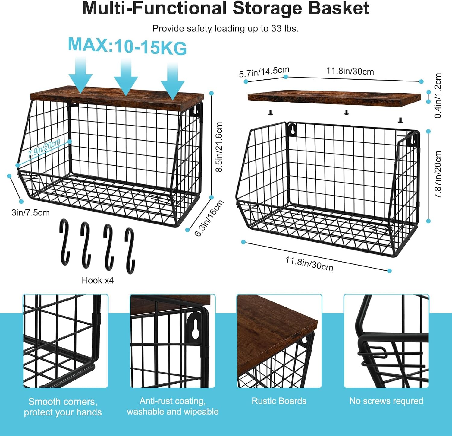 Laundry Room Shelves, Wall Mounted Storage Basket, 11.8"Wx7.9"Dx8.5"H | Stackable Wire Wall Shelves Organizer for