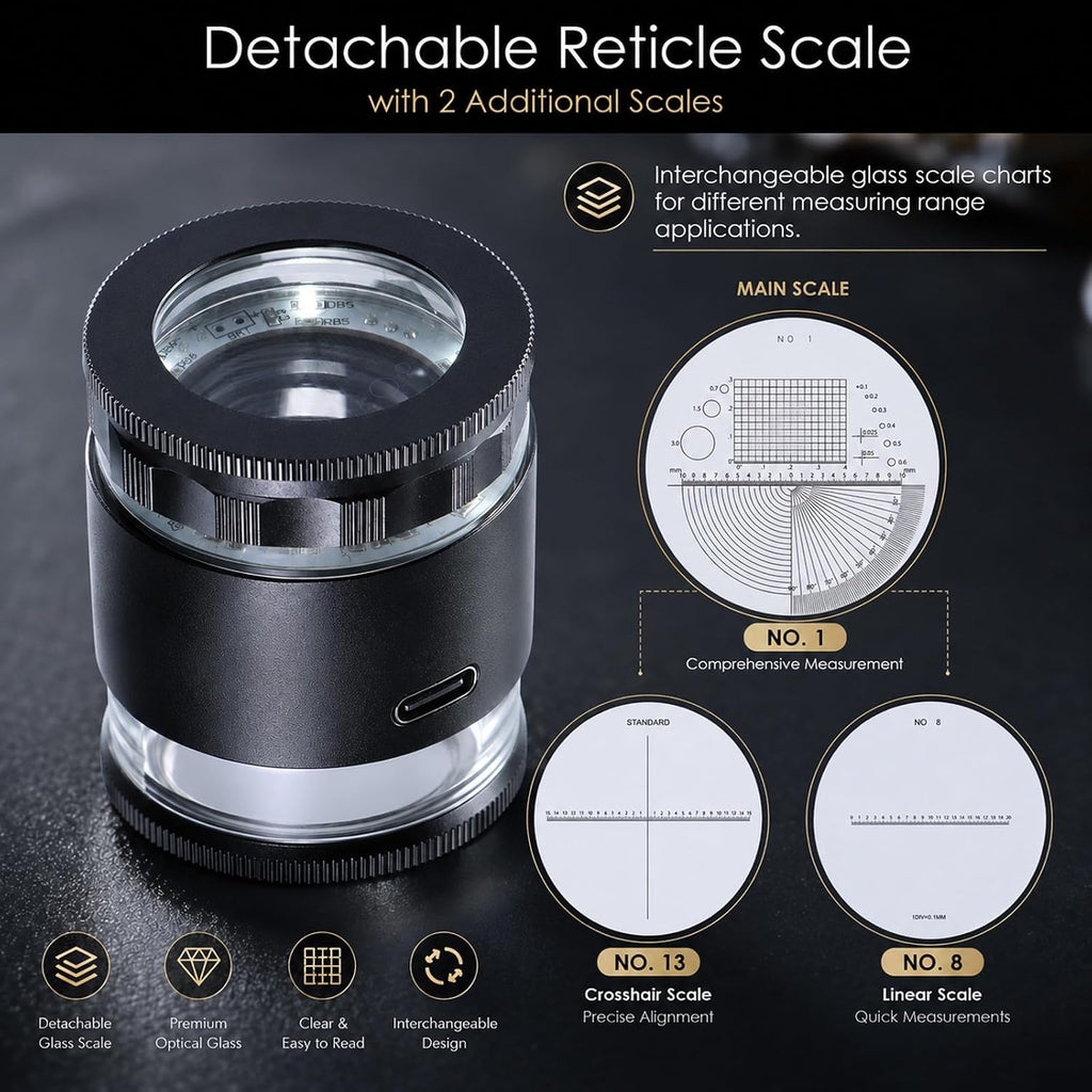 10X Rechargeable Jewelers Loupe Magnifier with LED Lights and 3 Reticle Scales, 25 mm Field of View, Adjustable Focus