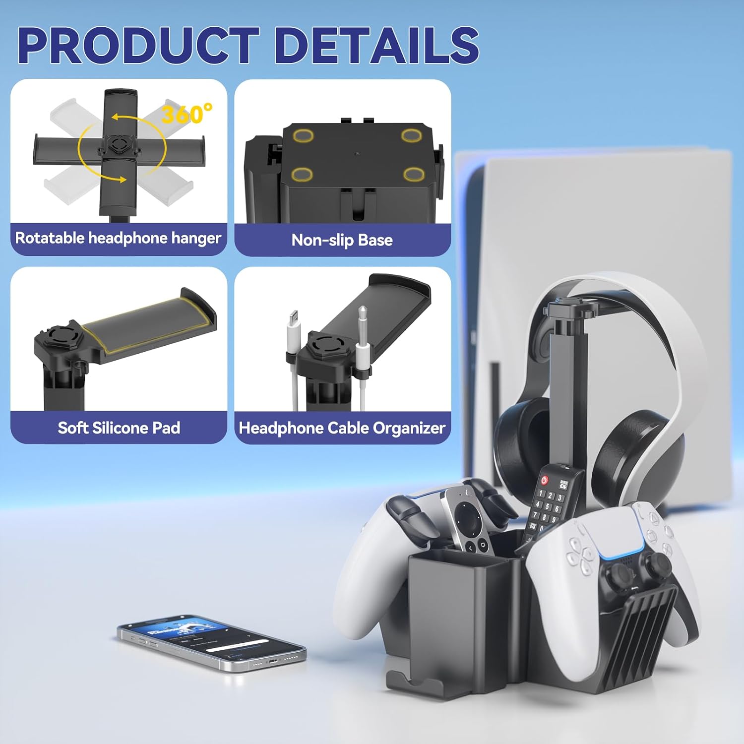 Dual Controller Holder with Headphone Stand - Multi-Functional Desk Storage Box with Phone Holder - Universal