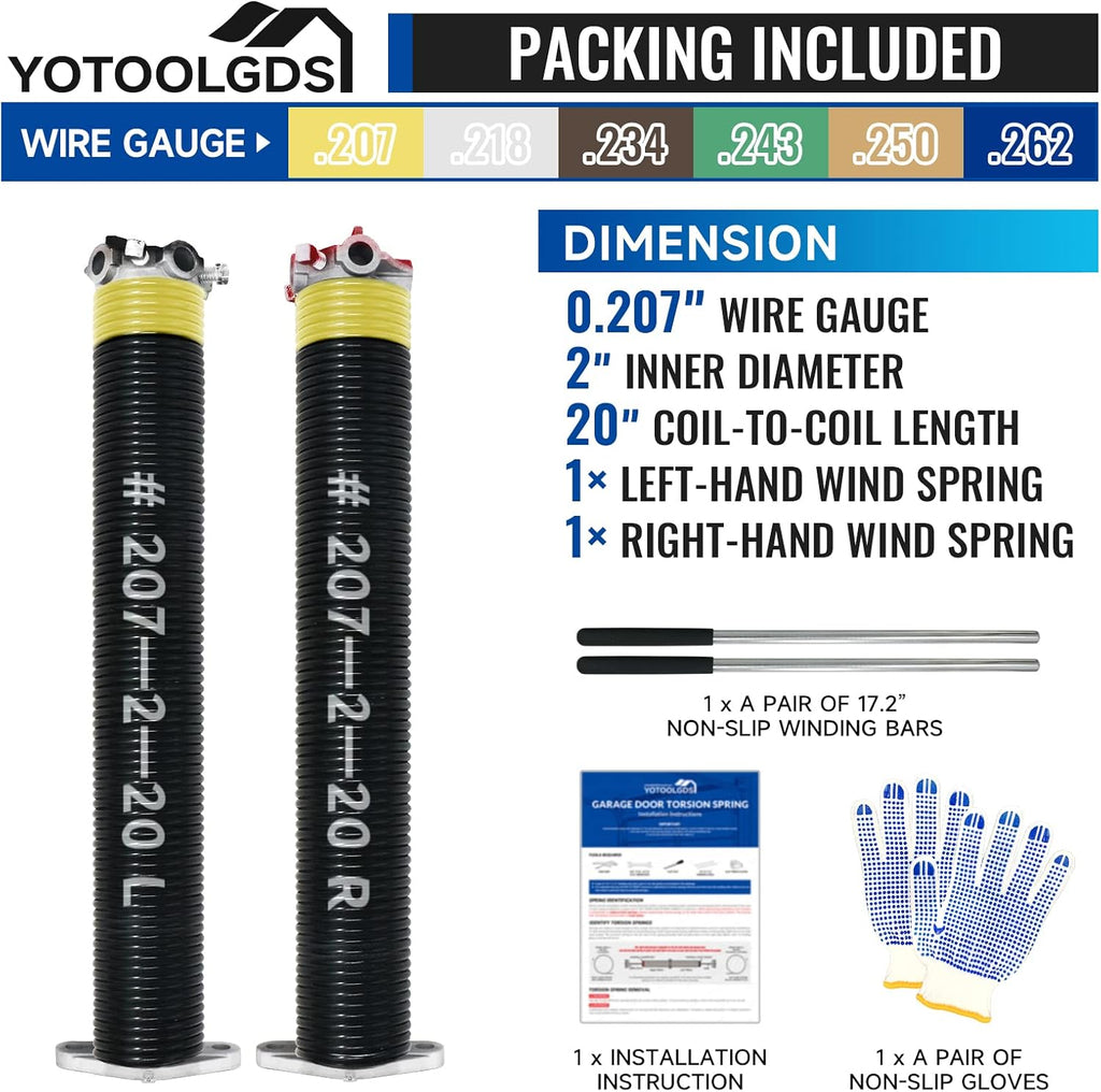 Pair of 2" Garage Door Torsion Springs Set with Non-Slip Winding Bars & Gloves, High Precision Electrophoresis