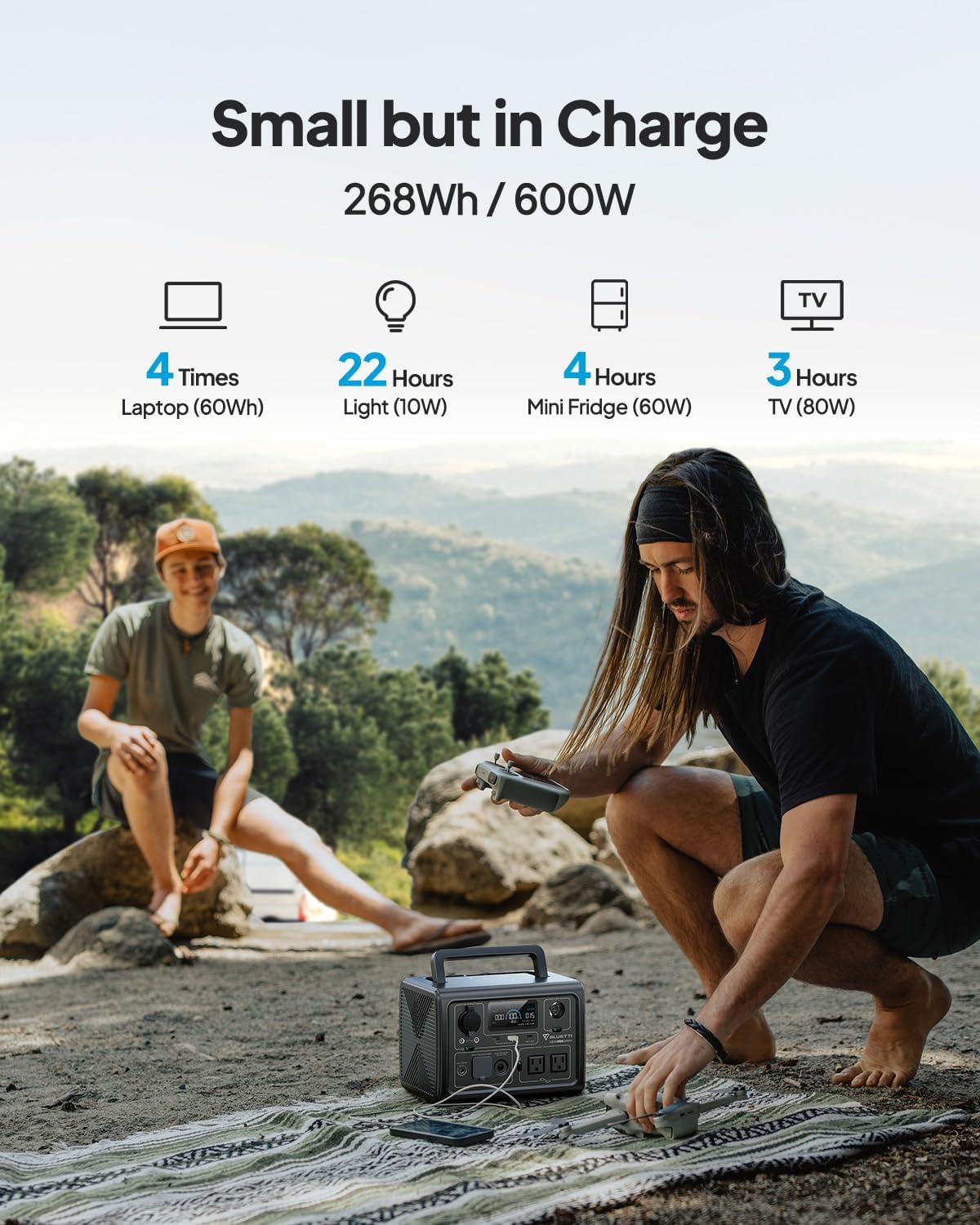 EB3A Portable Power Station, 268Wh Solar Generator LiFePO4 Battery Backup w/ 2 600W (1200W Surge) AC Outlets