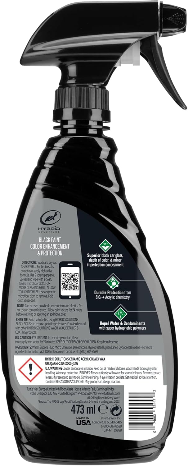Hybrid Solutions Ceramic Black Car Wax Spray, 16 oz. (Pack of 1) | Restores Appearance of Black Car Paint, Acrylic UV