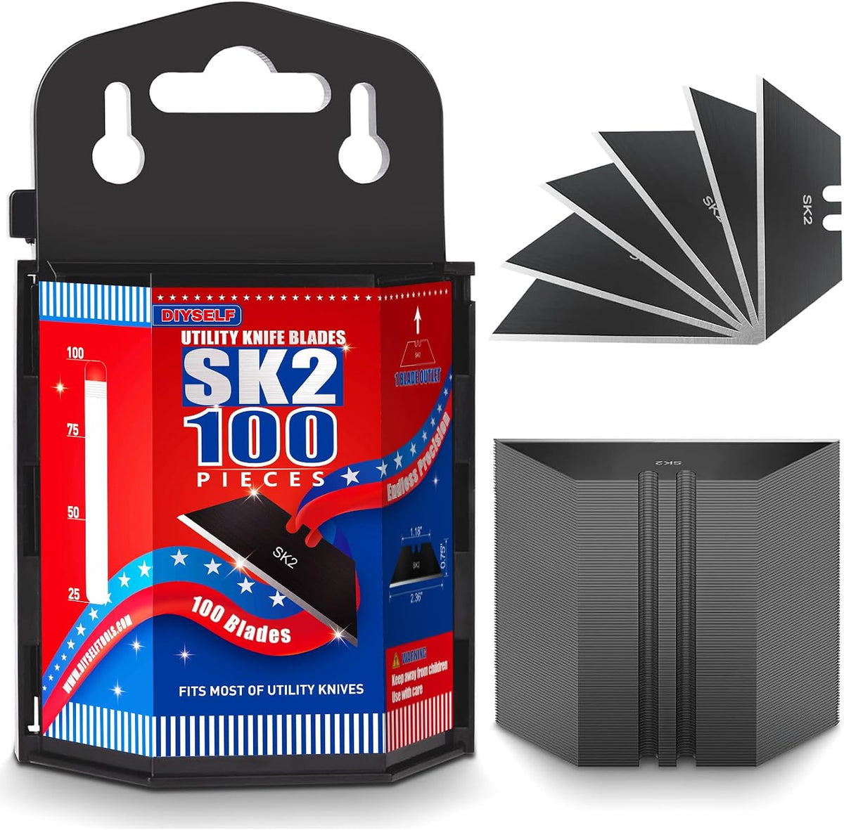 100 Pack Utility Knife Blade Refills, SK2 Razor Knife Blades, Black
