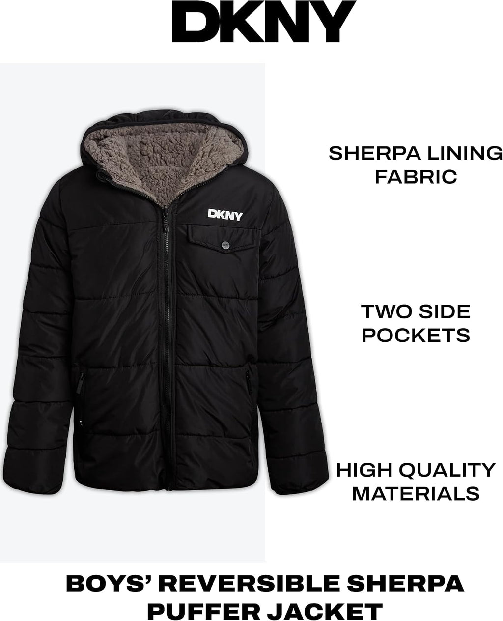 DKNY Boys Reversible Zip Up Puffer Jacket Sherpa Lined Hooded Winter Coat | Two Looks in One Reversible Design, Cozy