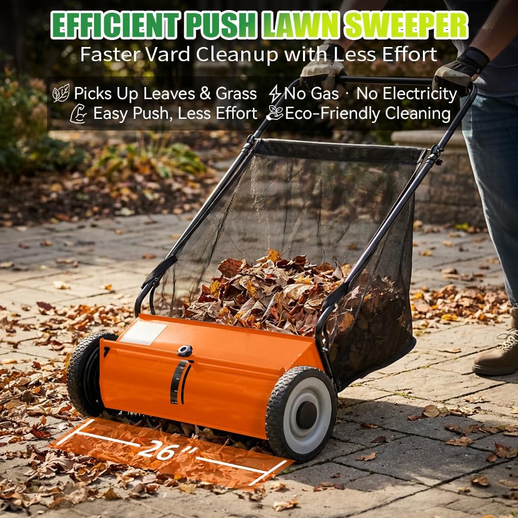 26" Push Lawn Sweeper, 7 cu.ft Large Capacity Yard Sweeper Push, 5:1 High-Density 4 Brushes, Adjustable Height, Heavy