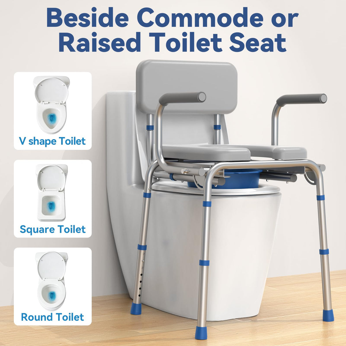 Drop Arm Bedside Commode with Padded Seat and Backrest (Gray)