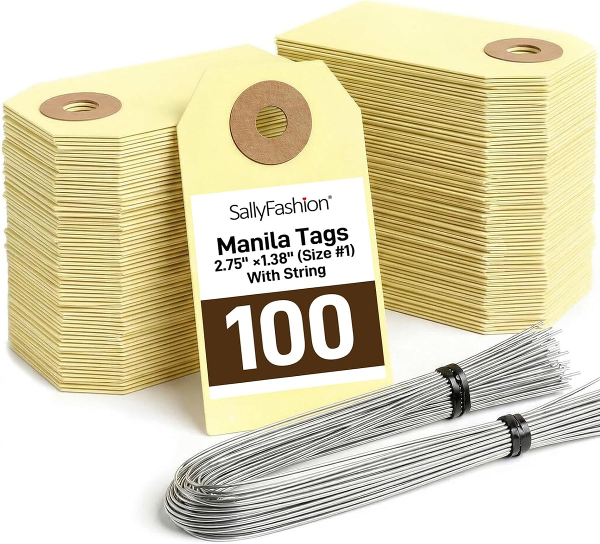 100Pack Manila Shipping Tags with Wire, 2 3/4"x 1 3/8", Yellow