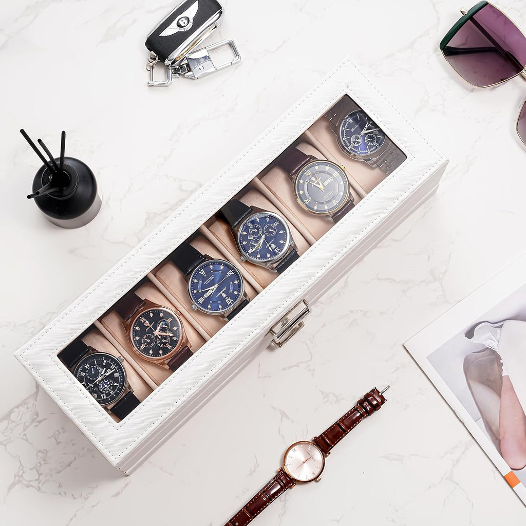 Watch Box, 6 Slot Watch Display Case with Drawer -White | Mens Watches Case with Glass Lid, 2-Layer Mens Jewelry