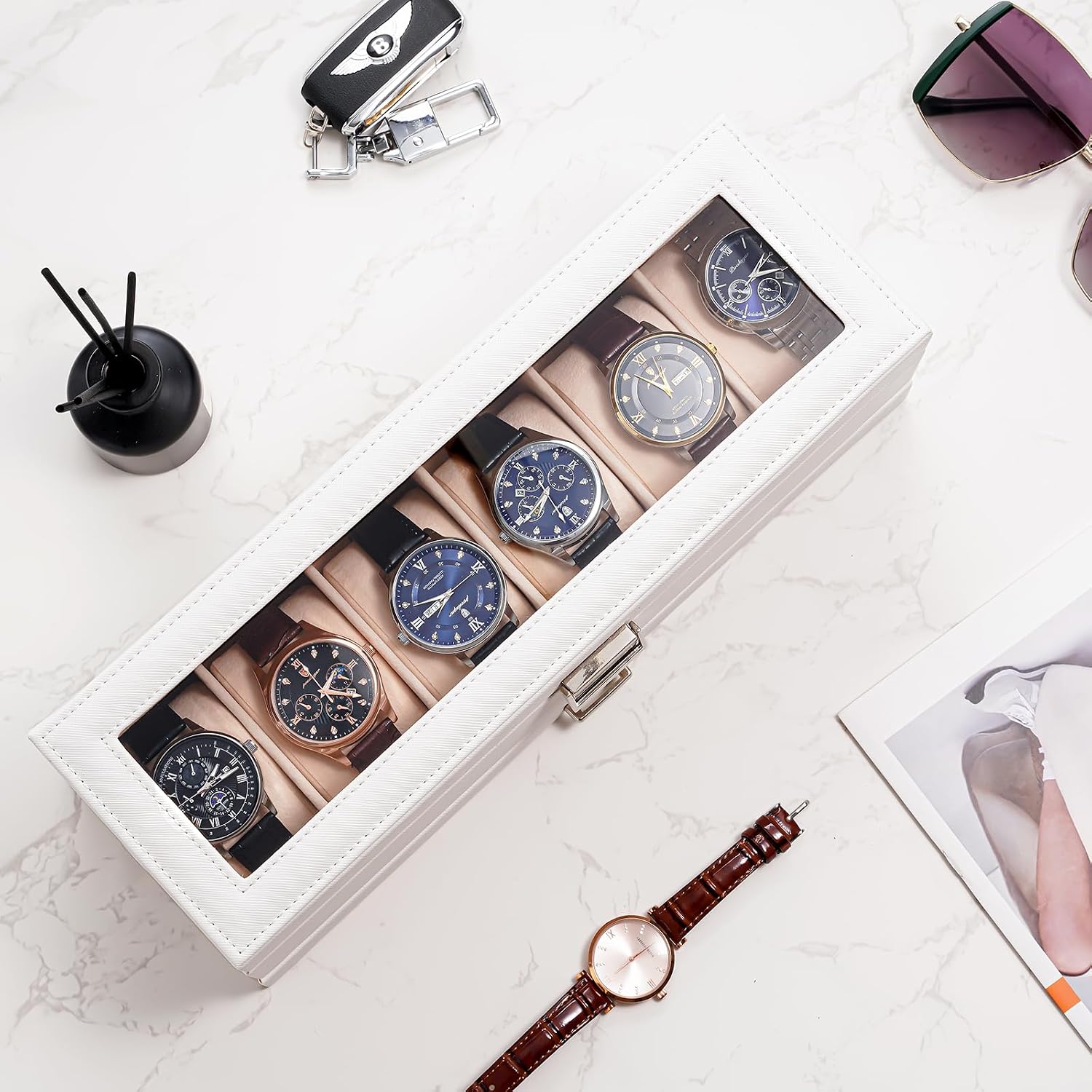 Watch Box, 6 Slot Watch Display Case with Drawer -White | Mens Watches Case with Glass Lid, 2-Layer Mens Jewelry