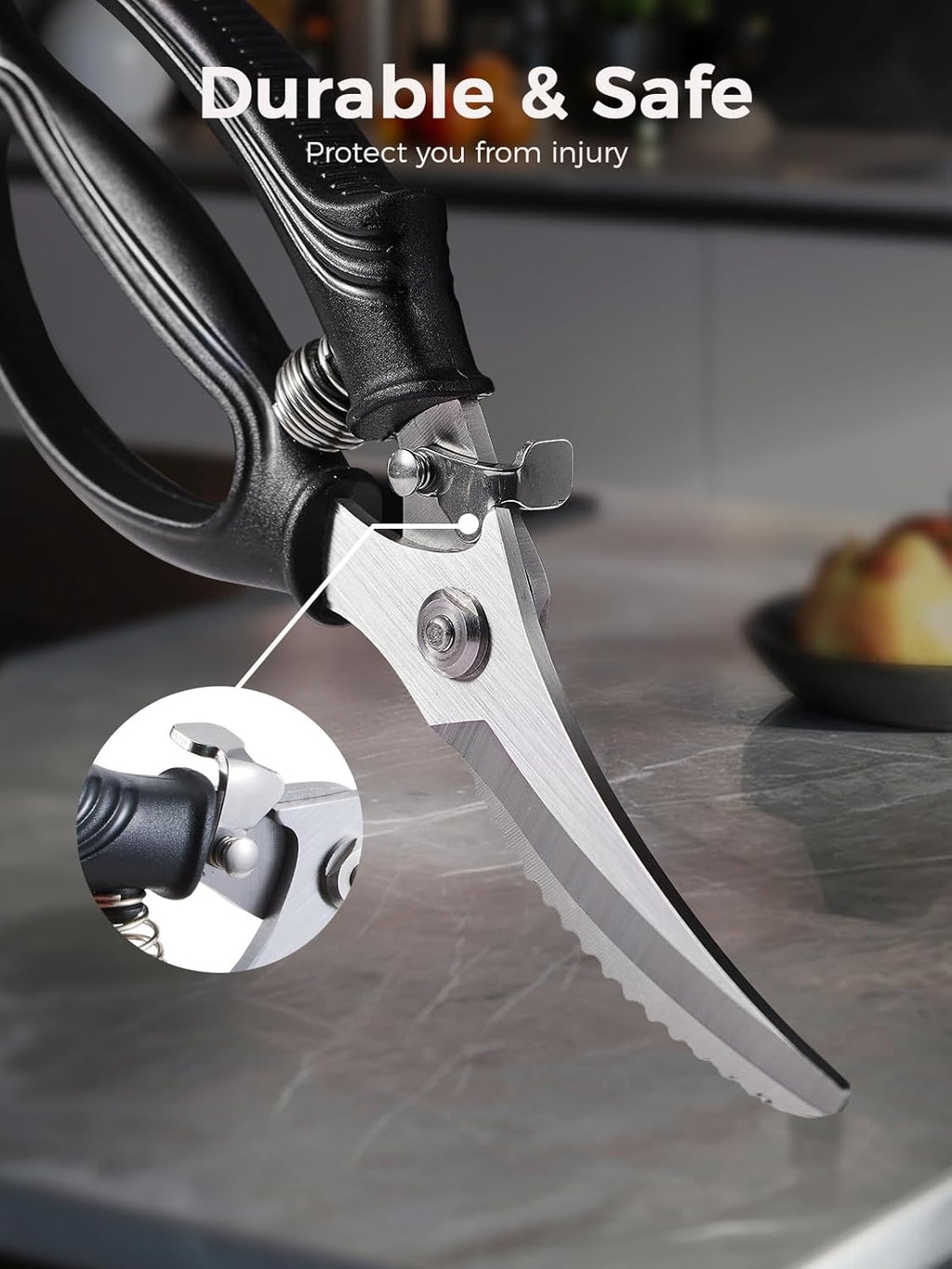 Poultry Shears, Heavy Duty Kitchen Shears With Anti-Slip Handle & Safety Lock, Poultry Scissors for Meat, Chicken