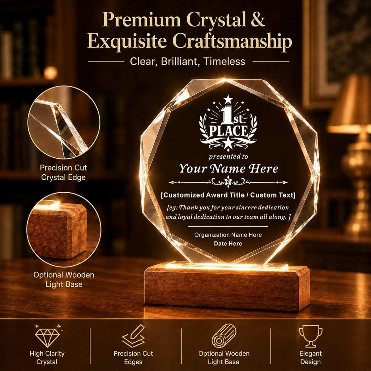 SHIP NEXT DAY, Custom Crystal Trophy Award, Engraved Plaque with LED Base