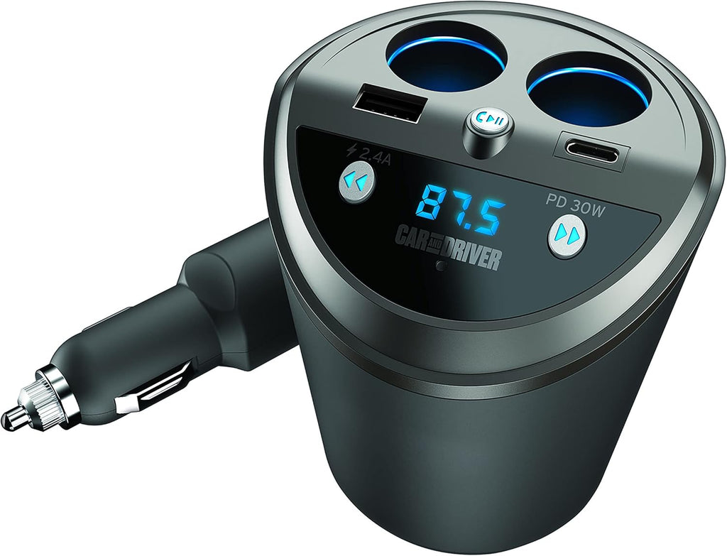 Smart FM Transmitter Bluetooth Cup Holder, Compatible with Alexa, Siri, and Google Assistant for Car, Dual USB-A and