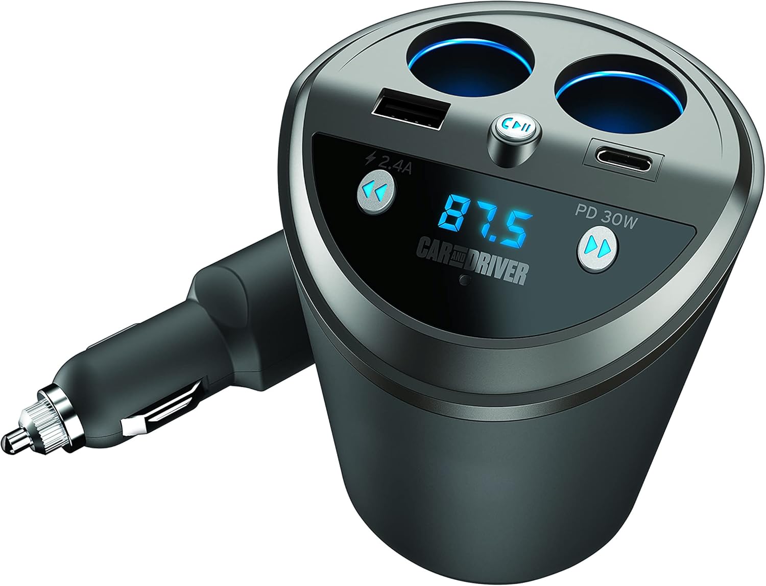 Smart FM Transmitter Bluetooth Cup Holder, Compatible with Alexa, Siri, and Google Assistant for Car, Dual USB-A and