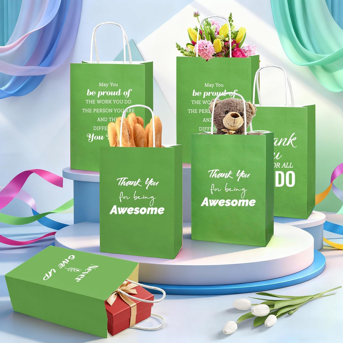 100 Pcs Christmas Employee Appreciation Gift Bags Bulk - Include 50 Paper Bags with Handles and 50 Tissue Paper