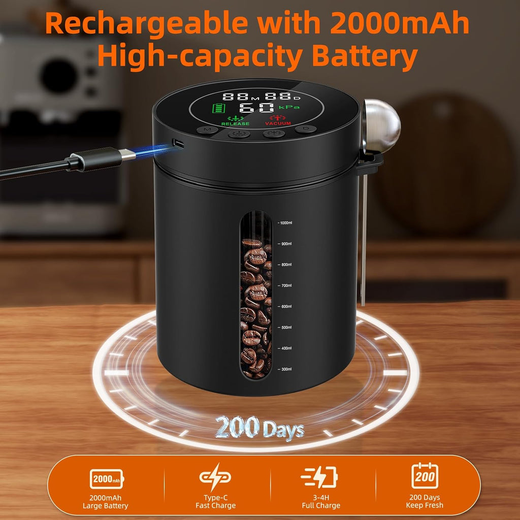 Automatic Vacuum Coffee Canister, 1.3L Coffee Container with LED Display | Smart Pressure Sensor,Window,Scoop